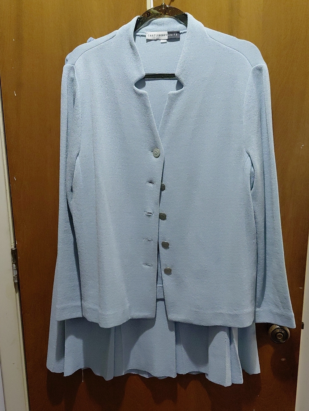 Light Blue Two-Piece Skirt Set Castleberry Knit Size 14 Pleated Sweater Suit